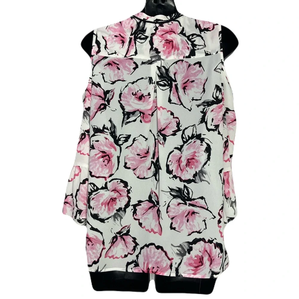 Karl Lagerfeld Pink and Black Floral Cold Shoulder Pearl Tie Accent Top
